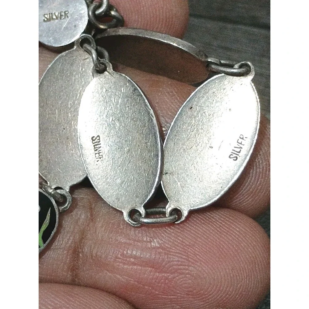 1950s Japanese Silver Enamel Panel Bracelet White Cherry Blossoms Fan Clasp